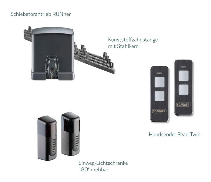 Schiebetorantrieb RUNner mit Kunststoffzahnstange mit Stahlkern, Einweg-Lichtschranke und Handsender Pearl Twin