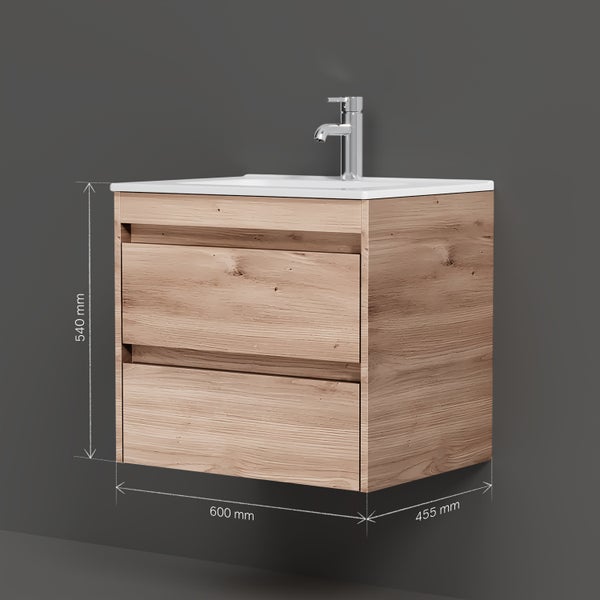 Waschtischunterschrank mit zwei Schubladen, 600 mm breit, 540 mm hoch und 455 mm tief.