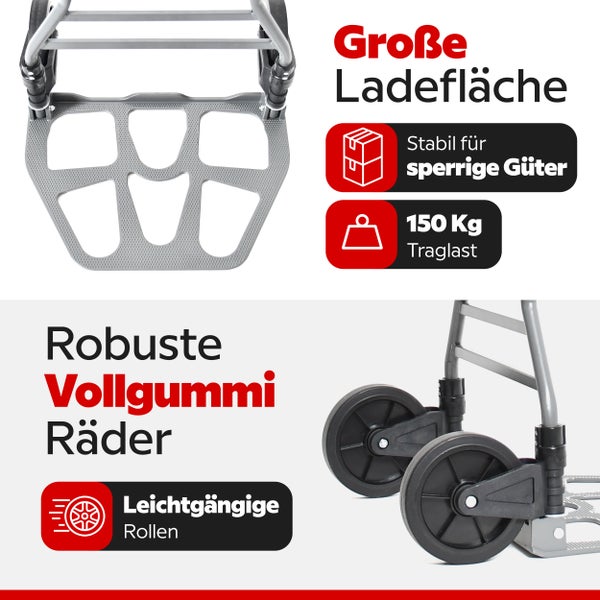 Transportwagen mit großer Ladefläche, 150 Kilogramm Traglast und robusten, leichtgängigen Vollgummi-Rädern.
