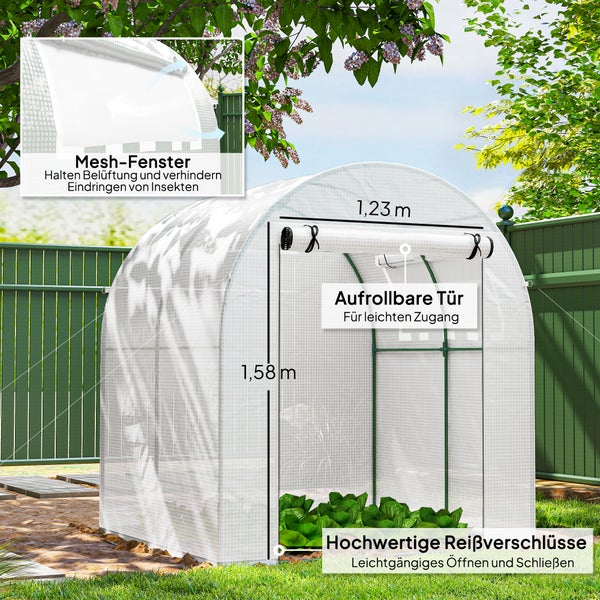 Foliengewächshaus mit aufrollbarer Tür, Mesh-Fenstern und Reißverschlüssen, Breite 1,23 Meter, Höhe 1,58 Meter.