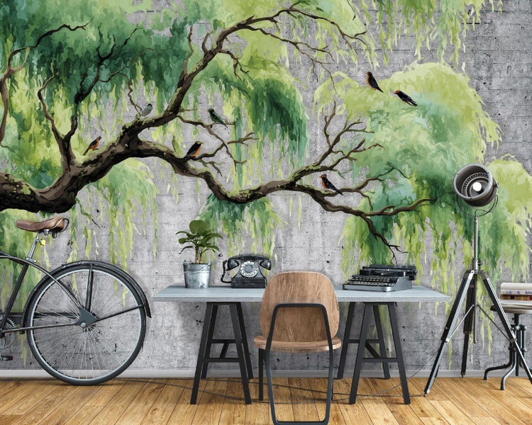 Dekorative Szene mit einem Baum Wandbild hinter einem Schreibtisch mit Fahrrad, Stuhl und Schreibtischlampe