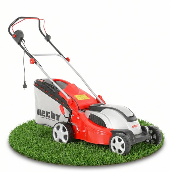 Elektrorasenmäher mit Fangkorb auf Rasen