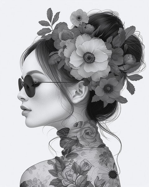 Illustration einer Frau mit Blumen im Haar und gemustertem Oberteil