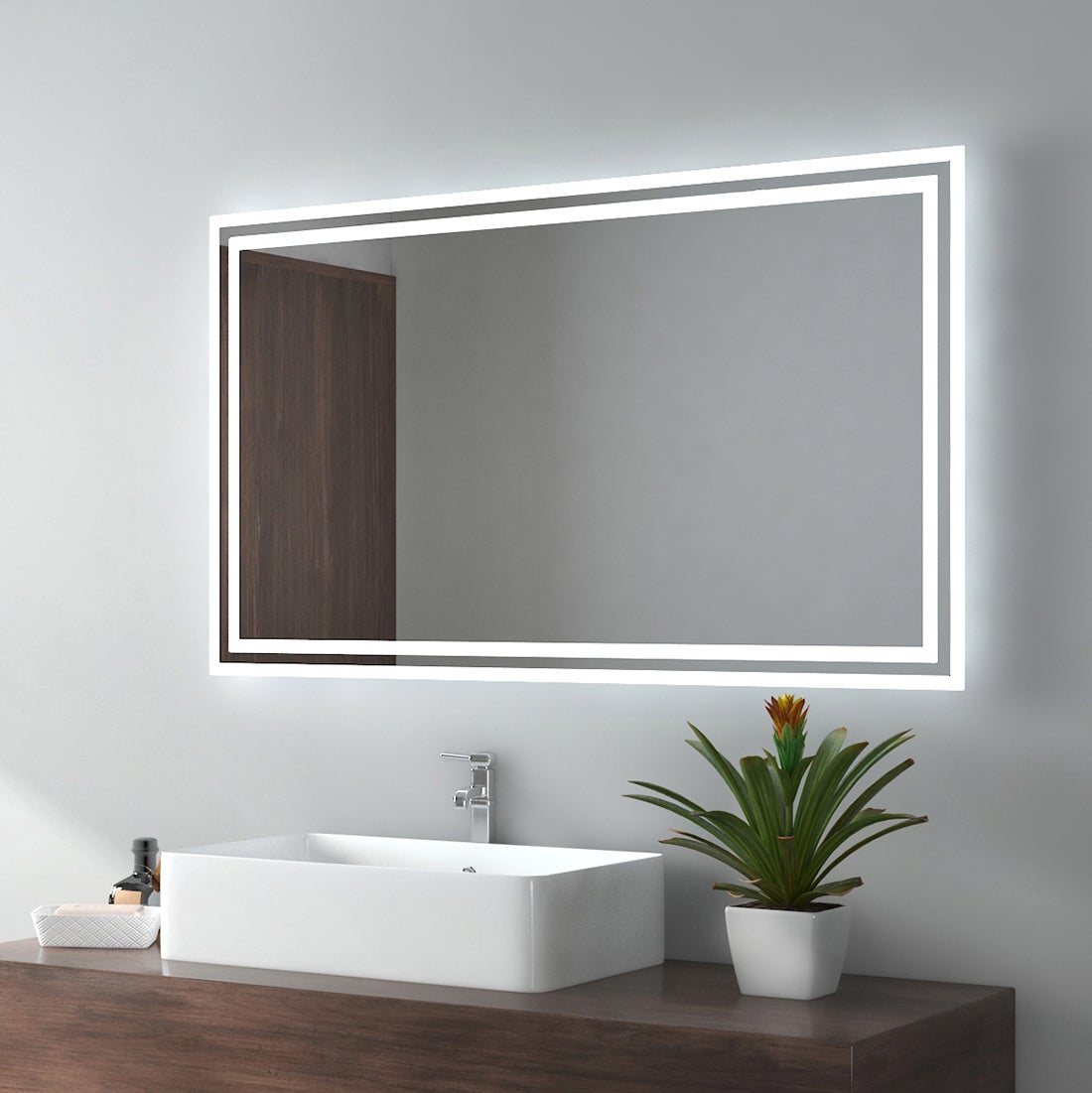 EMKE Badspiegel LED IP44 Wasserdicht Wandspiegel, 100x60cm, Kaltweißes/Warmweißes Licht, Knopfschalter, Beschlagfrei
