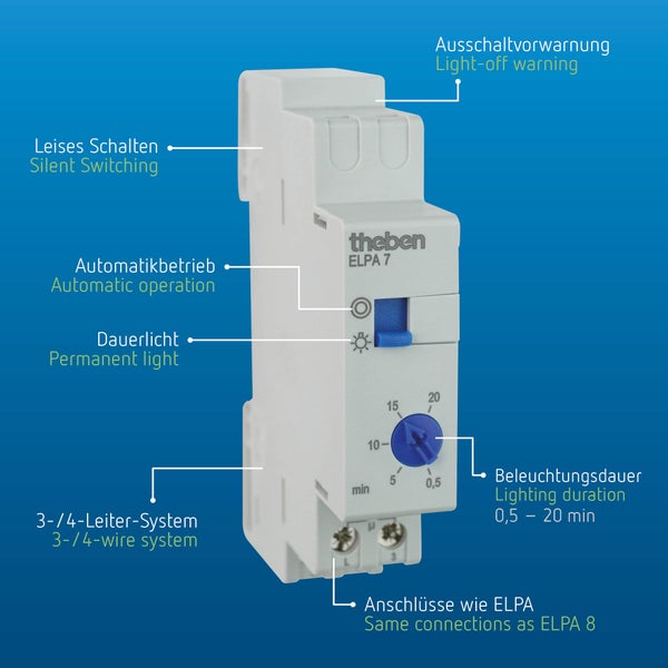Theben 0070002 ELPA 7 - Treppenlicht-Zeitschalter elektronisch, TLZ, Ausschaltvorwarnung, automatische 3- oder 4-Leitererkennung, 600 W LED