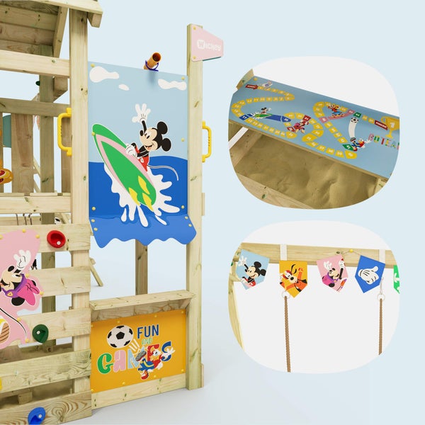 WICKEY Spielturm Disney Mickey Maus und Freunde Story mit Rutsche, Kletteranbau und Doppelschaukel