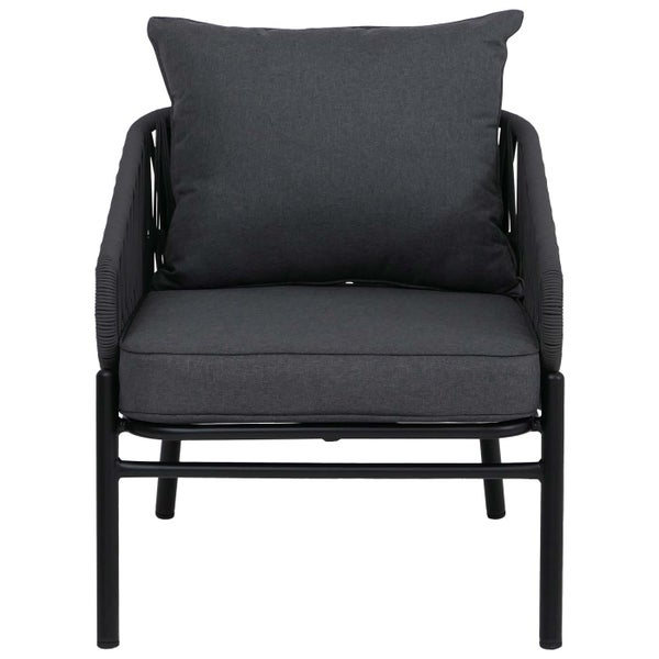 Loungesessel mit Metallgestell, Seilbespannung und dunkelgrauen Sitz- und Rückenkissen.