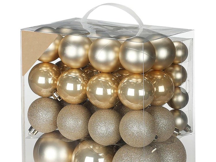 Set mit Weihnachtsbaumkugeln in verschiedenen Oberflächenausführungen in einer transparenten Kunststoffverpackung mit Tragegriff
