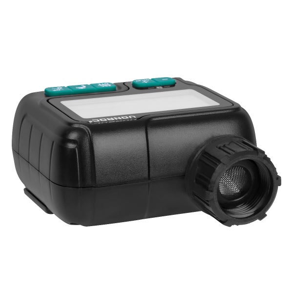 Vonroc Bewässerungscomputer aus Kunststoff mit digitalem Display, grünen Bedientasten und Wasseranschluss mit Schmutzsieb.