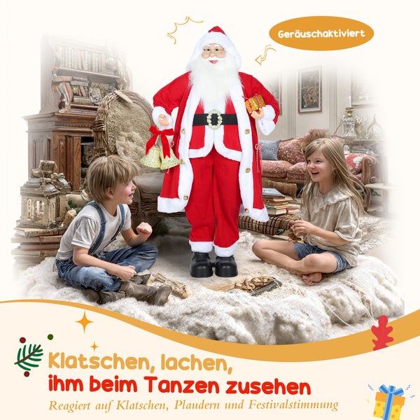 Lebensgroße Weihnachtsmann-Figur, geräuschaktiviert, tanzend, mit Glocken und Geschenk, in einem Wohnzimmer mit spielenden Kindern.