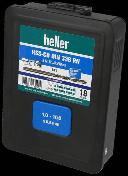 Heller Metallbohrer-Set HSS-Co DIN 338 RN, 19-teilig, Bohrer-Durchmesser von 1,0 bis 10,0 mm, in robuster Kunststoffkassette.
