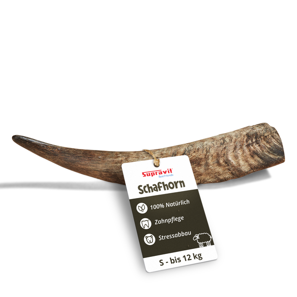 Supravit Logo, Schafhorn Hundekauartikel, geeignet für kleine Hunde bis 12 kg