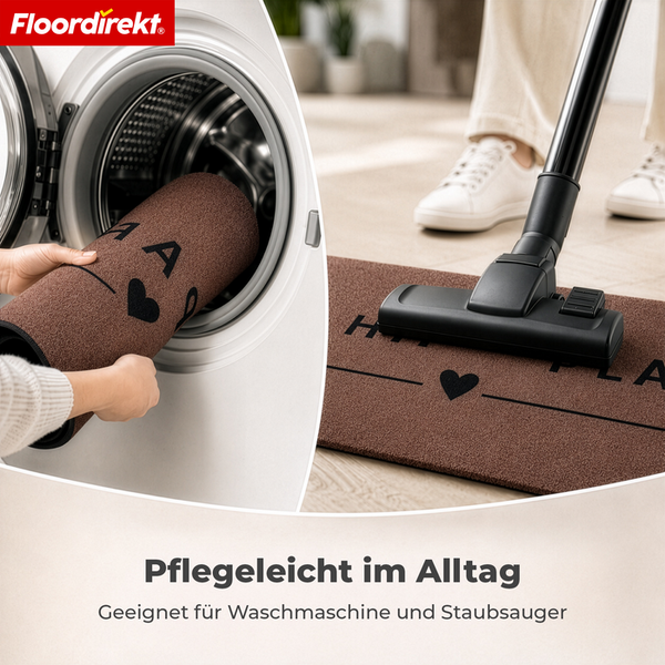 Floordirekt Logo, Fußmatte mit Herz Motiv, wird in eine Waschmaschine gelegt und mit einem Staubsauger gereinigt, pflegeleichte Fußmatte.