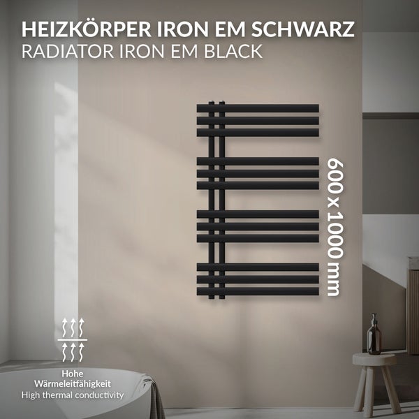 LuxeBath Design Badheizkörper Iron EM 600 x 1000 mm, Schwarz matt, Designheizkörper Paneelheizkörper Flachheizkörper Heizkörper Handtuchwärmer Handtuchtrockner Bad/Wohnraum Heizung, inkl. Montage-Set