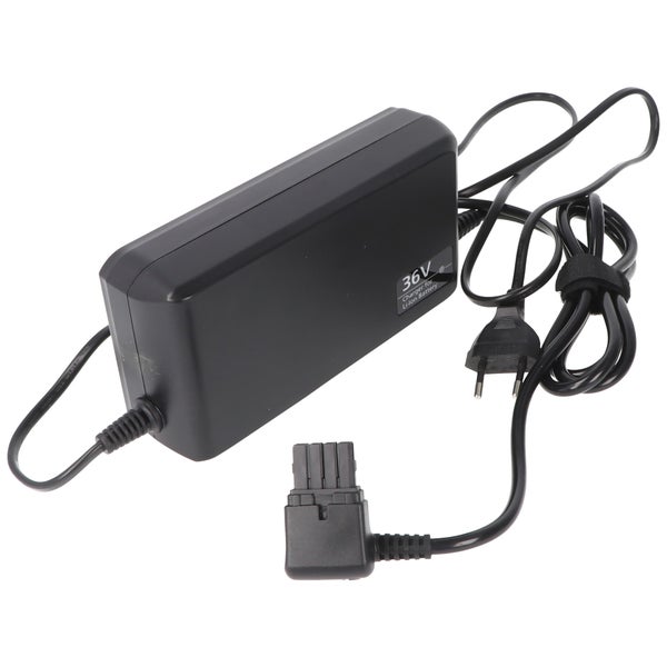 Ladegerät für 36 Volt Lithium-Ionen-Akkus mit Netzkabel und Gerätestecker.