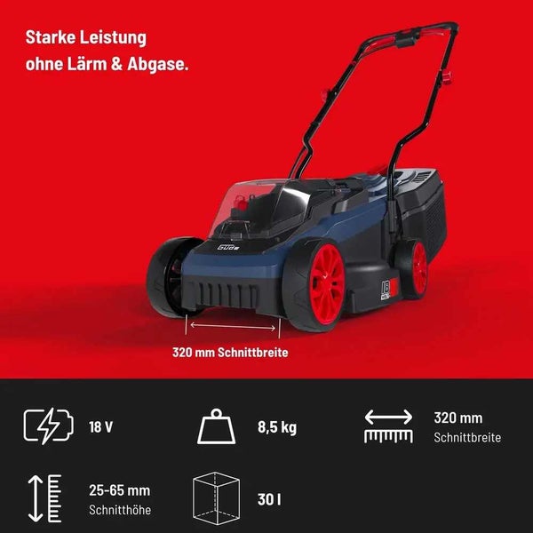 Güde Akku-Rasenmäher, 18 Volt, 320 Millimeter Schnittbreite, 25 bis 65 Millimeter Schnitthöhe, 30 Liter Fangkorb, 8,5 Kilogramm Gewicht.