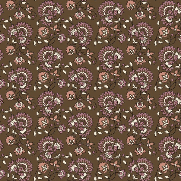 Florales Muster mit Blüten und Blättern auf dunklem Hintergrund