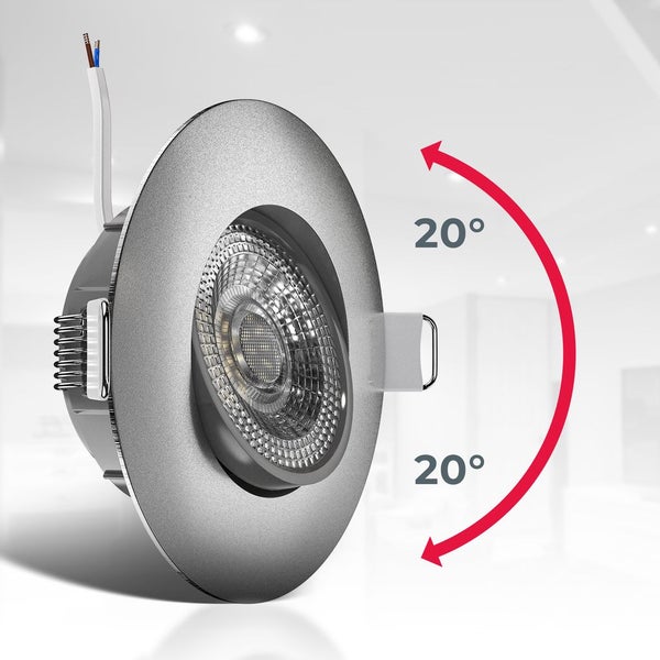 Schwenkbarer LED Einbaustrahler aus Metall in Silber mit einem Neigungswinkel von jeweils 20 Grad nach oben und unten.