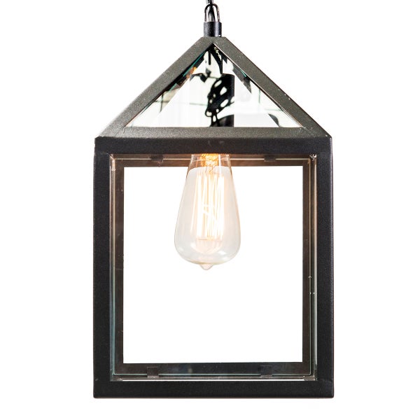 Schwarze Hängeleuchte im Laternen-Design aus Metall und Glas mit sichtbarem Filament-Leuchtmittel.