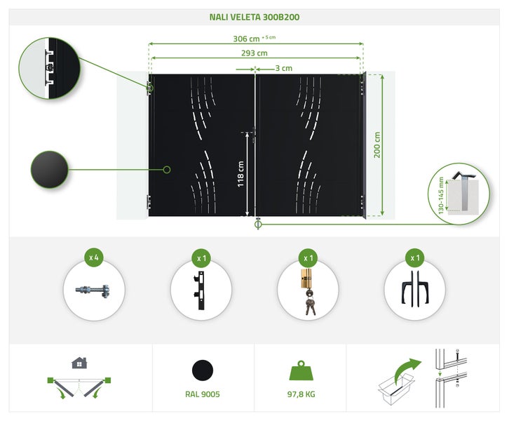 Nali Veleta 300B200 Toranlage mit Maßangaben und Zubehörinformationen