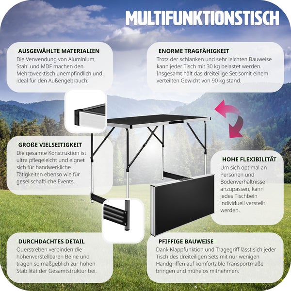 3er Set Tapeziertisch tectake  300 x 60 x 73 - 94 cm klappbar schwarz
