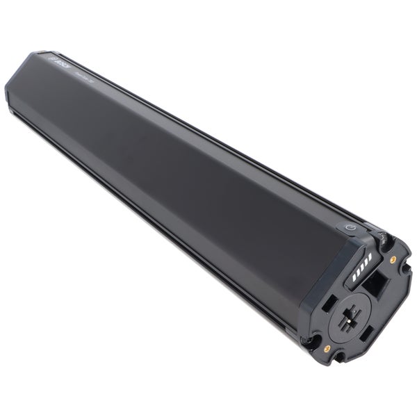 Bosch PowerTube 750 Akku für Elektrofahrräder, schwarzes, längliches Gehäuse mit Ladestandsanzeige und Einschaltknopf.