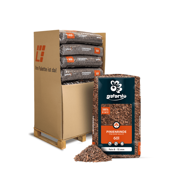 Galamio Pinienrinde fein 8 bis 15 mm im 60 Liter Sack sowie eine Palette mit weiteren Säcken in einem Karton.