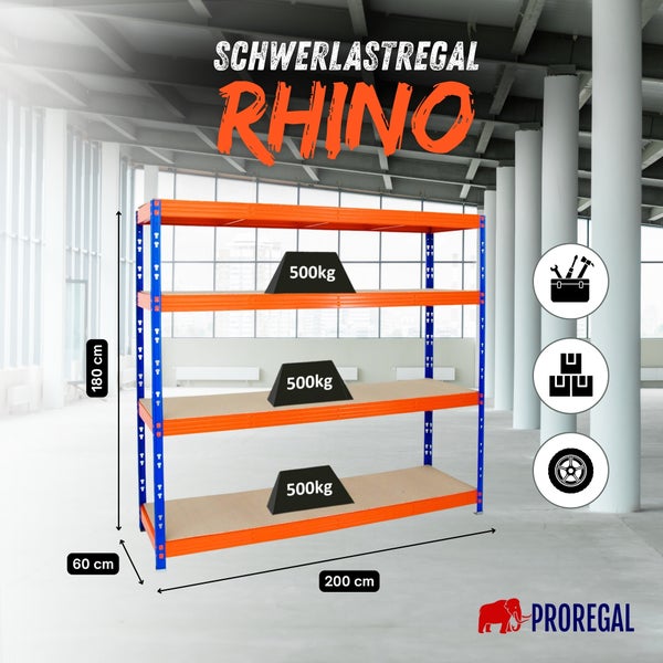 Rhino Schwerlastregal von Proregal in einer Lagerhalle. Maße 180 mal 200 mal 60 Zentimeter. Traglast 500 Kilogramm pro Boden. Proregal Logo.