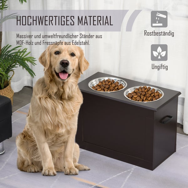 Golden Retriever neben einer dunkelbraunen Hundebar aus MDF-Holz mit zwei Edelstahlnäpfen. Symbole für rostbeständig und ungiftig.