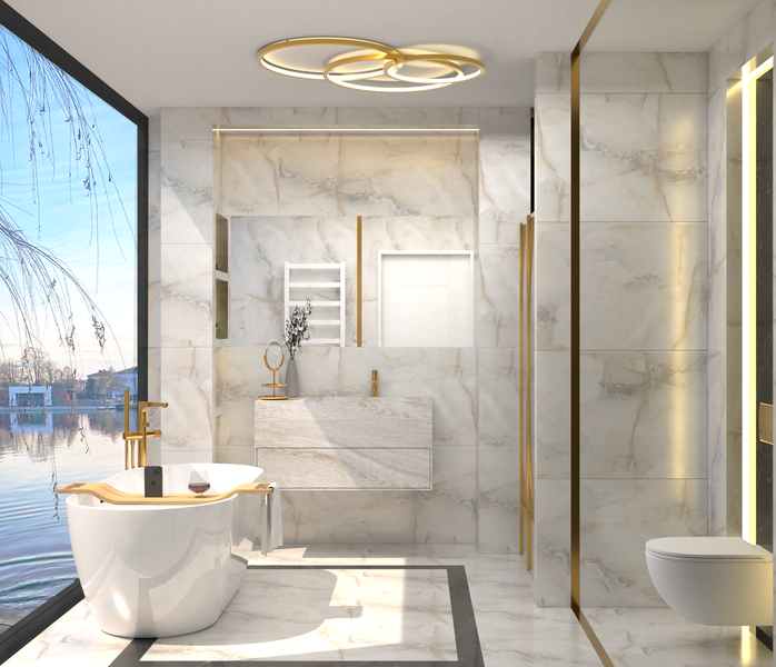 Helles Badezimmer mit Badewanne, Waschtisch und Toilette in modernem Design