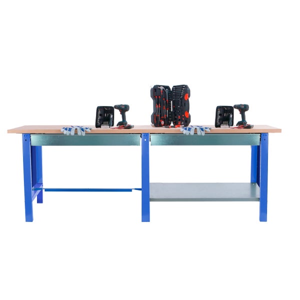 Werkbank BUFFALO WOOD mit 2x Schublade| HxBxT 86,5x210x75cm | Traglast 1000kg | Blau
