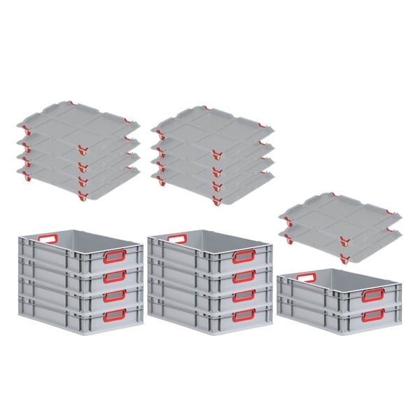 PROREGAL Spar Set 10x Eurobox Nextgen Color Mit Auflagedeckel & Schiebeschnappverschlüsse HxBxT 12 x 40 x 60 cm Griffe Rot Offen Glatter Boden