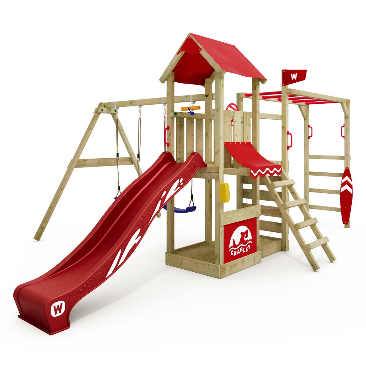 WICKEY Spielturm Klettergerüst Smart Baboon mit Schaukel und Rutsche, Kletterturm mit Sandkasten, Hangelleiter und Spiel-Zubehör - rot