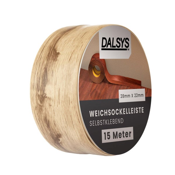 Dalsys Weichsockelleiste selbstklebend in Holzoptik, 28 Millimeter mal 22 Millimeter, 15 Meter Rolle.