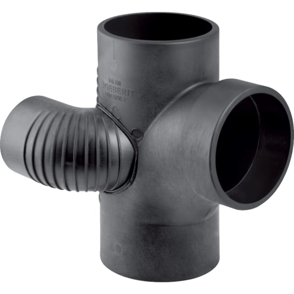 Geberit Abzweig 90 Grad aus schwarzem Polyethylen, Kunststoff-Rohrformstück für die Gebäudeentwässerung.