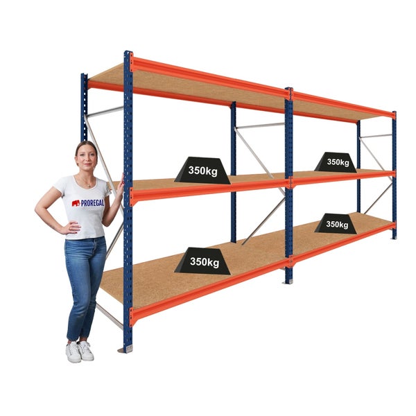 Schwerlastregal aus Metall in Blau und Orange mit Spanplatten und drei Ebenen, Tragkraft von 350 Kilogramm pro Boden.