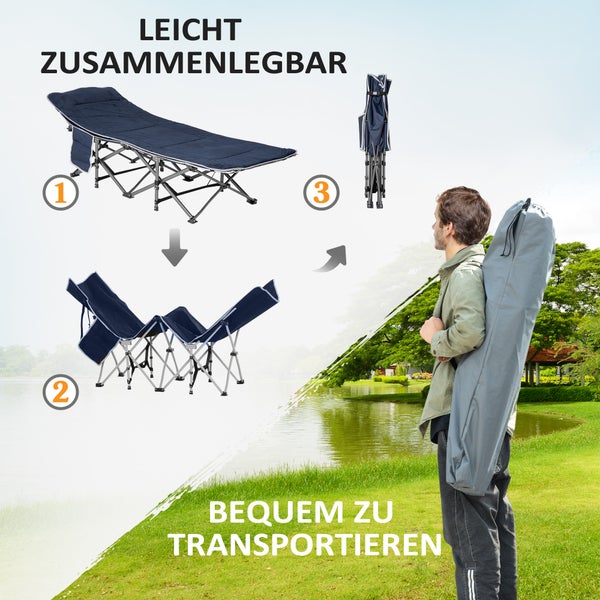 Outsunny Campingbett klappbar Feldbett Klappbett mit Kopfkissen Seitentasche Matratze Gästebett bis 150 kg belastbar Reisen Outdoor Oxford Dunkelblau 188 x 64,5 x 53 cm