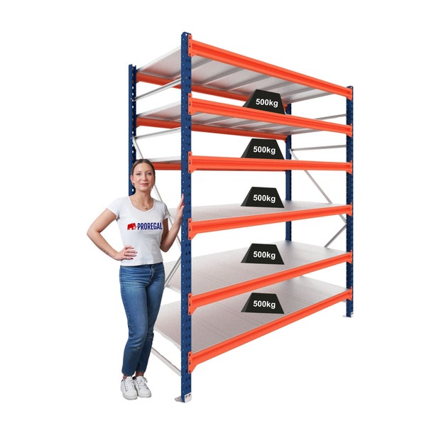 ProRegal Weitspannregal mit 5 Ebenen, Traglast von 500 kg pro Boden, stabiles Schwerlastregal aus Metall für Keller, Garage und Werkstatt.