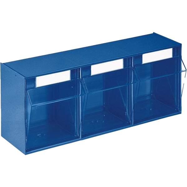 Kleinteilemagazin mit 3 transparenten Kippbehältern und Etikettenfeldern, blau, aus Kunststoff.