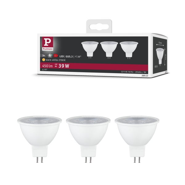 Set aus drei Paulmann LED Reflektorlampen mit GU5.3 Sockel, 6 Watt Leistung, 450 Lumen Lichtstrom und warmweißer Lichtfarbe mit 2700 Kelvin.