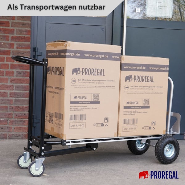 Multifunktionaler Transportwagen mit Luftreifen und Lenkrollen, beladen mit zwei großen Kartons. Proregal Logo.