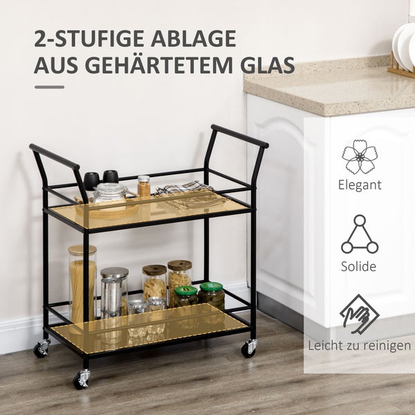 HOMCOM Küchenwagen, Rollwagen, Servierwagen mit 2 Ablagen, Trolley, Beistellwagen auf Rollen, Aufbewahrungswagen für Küche, Metall, Schwarz, 75 x 40 x 80 cm