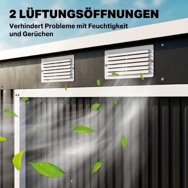 Metall-Grillpavillon mit Beleuchtung über einem Gasgrill im Garten bei Nacht, inklusive Ablagen für Grillzubehör.