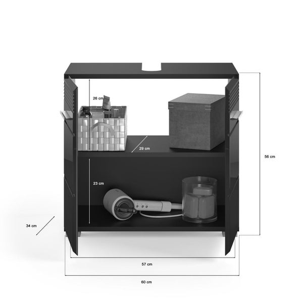 Waschbeckenunterschrank. Maße: Breite 60 Zentimeter, Höhe 56 Zentimeter, Tiefe 34 Zentimeter. Zwei Innenfächer und Siphonausschnitt vorhanden.