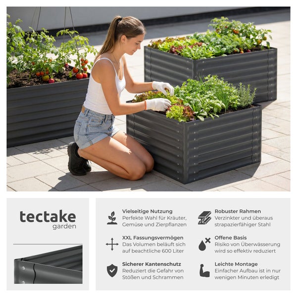 tectake Logo. Frau gärtnert in anthrazitfarbenem Hochbeet. Infografik zeigt großes Volumen, Kantenschutz, offene Basis und robusten Stahlrahmen.