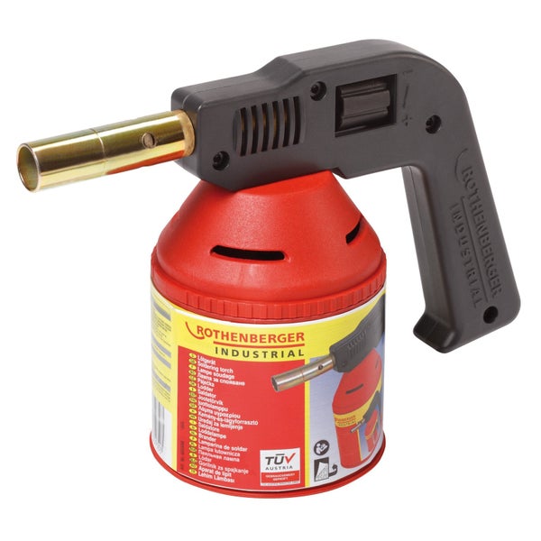 Rothenberger Industrial Lötgerät mit roter Gaskartusche, schwarzem Griff und messingfarbenem Brennerrohr. TÜV Austria geprüft.