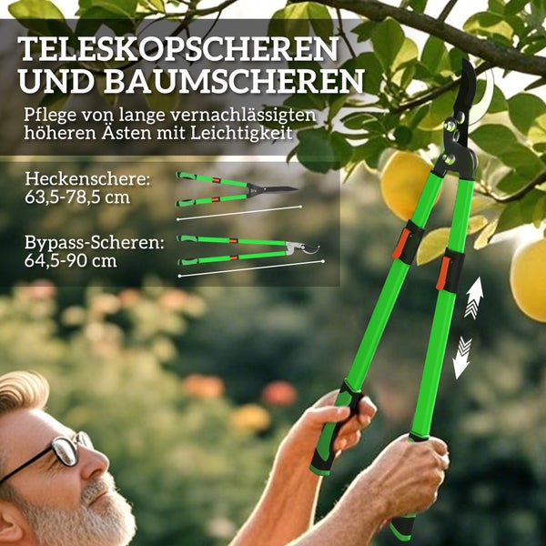 Teleskopscheren und Baumschere für die Gartenarbeit, inklusive Heckenschere und Bypass-Scheren