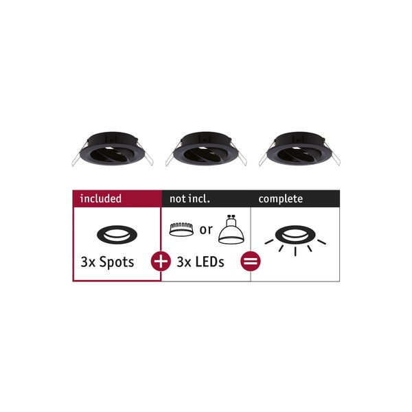 Set bestehend aus drei Einbaustrahlern ohne Leuchtmittel zur individuellen Bestückung mit drei LED Leuchtmitteln.