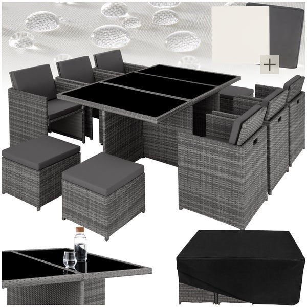 Rattan Sitzgruppe tectake New York 2 Bezugssets, zusammenschiebbar, inklusive Schutzhülle mit Aluminiumgestell grau