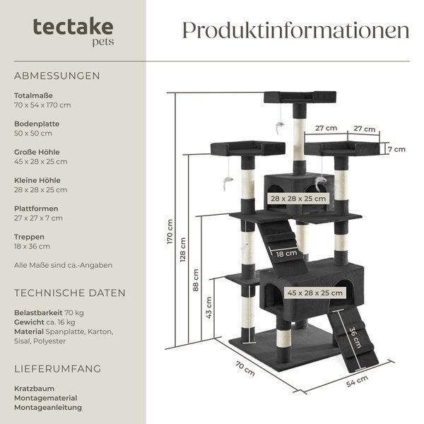 Kratzbaum tectake Barney inklusive 2 Treppen, 4 Spielmäusen und Kippschutz 170 cm schwarz